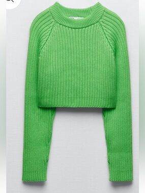 ZARA sz M Neon Green Ribbed Crewneck cropped 100% cotton Sweater